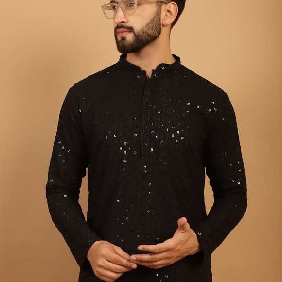 Men Chikankari Embroidered and Sequence Kurta with Aligarh Pyjama - Picture 7 of 9